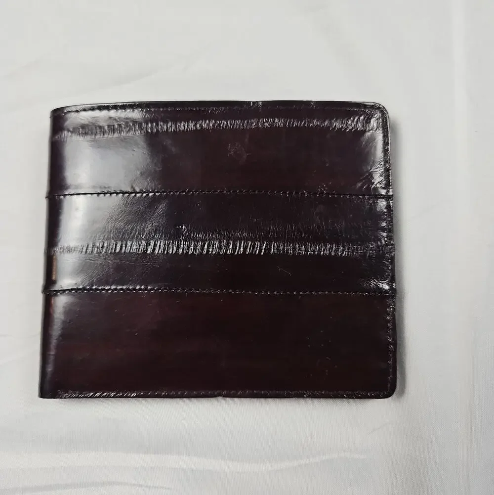 Genuine Eel Skin Leather Men's Bifold Wallet Brown Exotic Slim Billfold